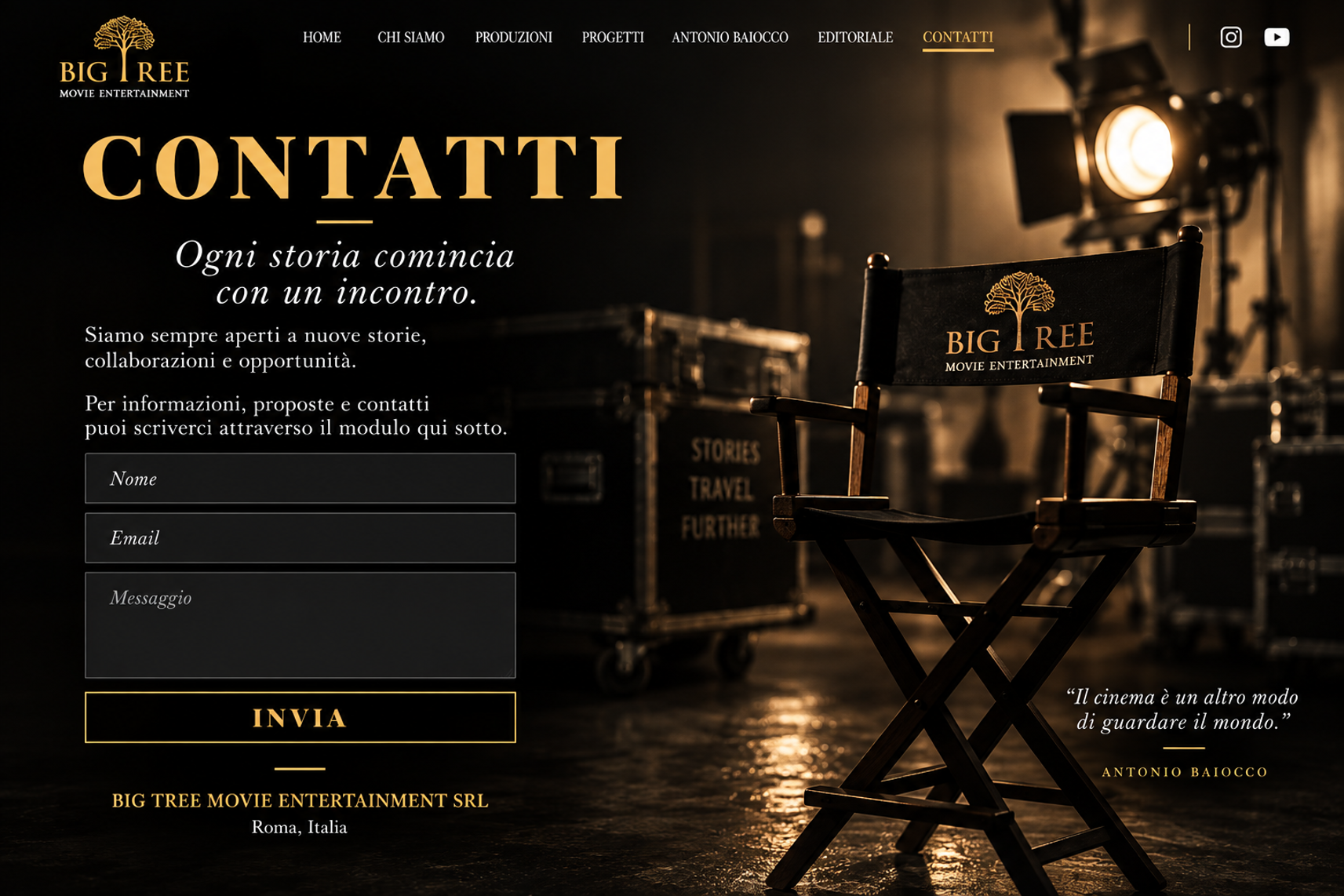 Big Tree Movie Entertainment — Contatti. Modulo con campi Nome, Email, Messaggio e pulsante Invia.